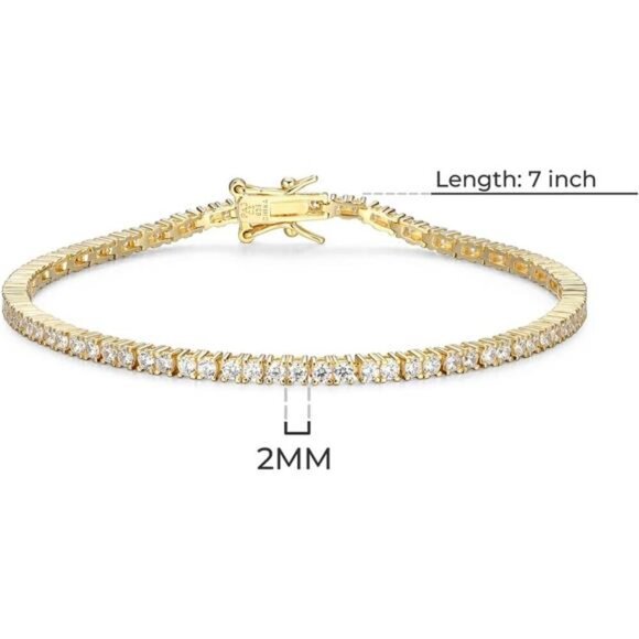 Gold Plated Sterling Silver Tennis Bracelet Cubic Zirconia 7 Inch Jewelry - Picture 5 of 7